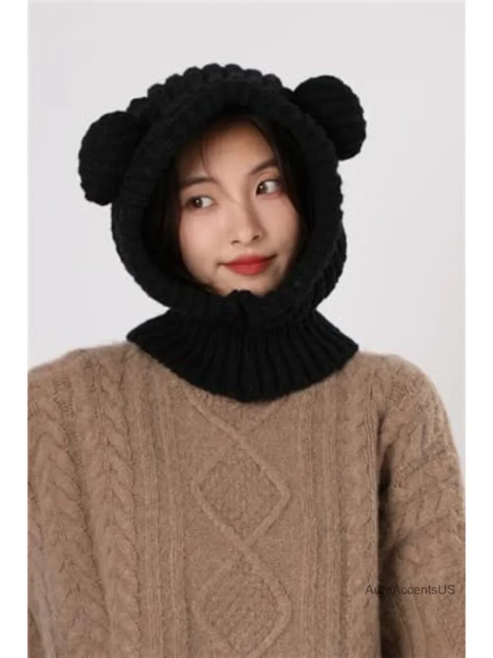 Knit Winter Hat Women Cute Bear Balaclava Warm Hooded Scarf Beanie Skull Cap